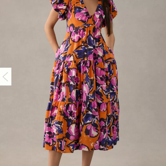 NWT By Anthropologie Puff Sleeve Midi Dress Floral Orange Pink Maxi Dress XL - Picture 1 of 15